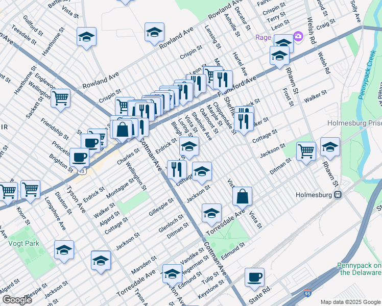 map of restaurants, bars, coffee shops, grocery stores, and more near 4300 Bleigh Avenue in Philadelphia