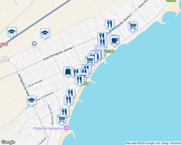 map of restaurants, bars, coffee shops, grocery stores, and more near 150 Avenida Ferrandis Salvador in Benicasim