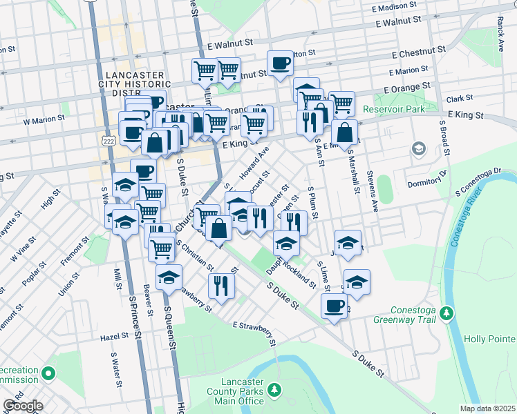 map of restaurants, bars, coffee shops, grocery stores, and more near 453 South Lime Street in Lancaster