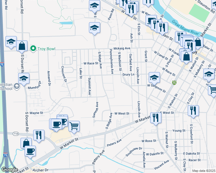 map of restaurants, bars, coffee shops, grocery stores, and more near in Troy
