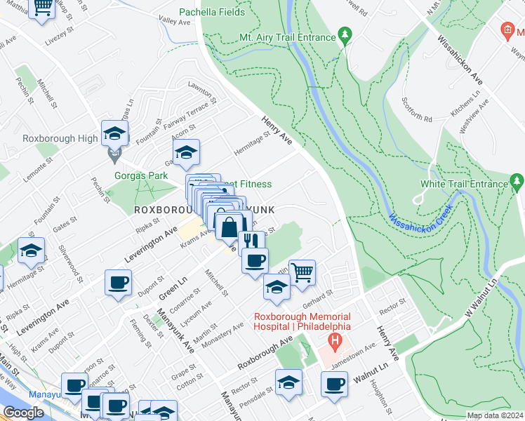 map of restaurants, bars, coffee shops, grocery stores, and more near 540 Green Lane in Philadelphia