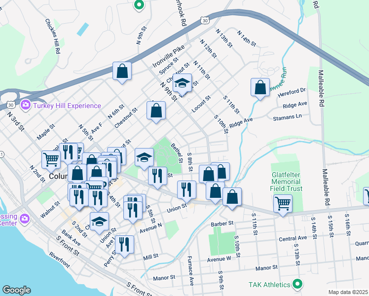 map of restaurants, bars, coffee shops, grocery stores, and more near 750 Ridge Avenue in Columbia