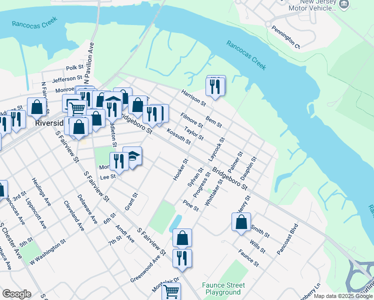 map of restaurants, bars, coffee shops, grocery stores, and more near 537 Bridgeboro Street in Riverside