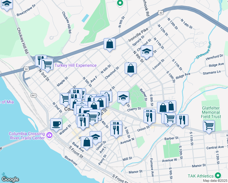 map of restaurants, bars, coffee shops, grocery stores, and more near 36 North 6th Street in Columbia