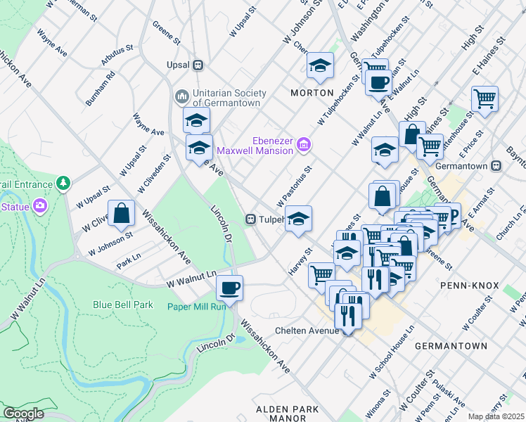 map of restaurants, bars, coffee shops, grocery stores, and more near 6142 Wayne Avenue in Philadelphia