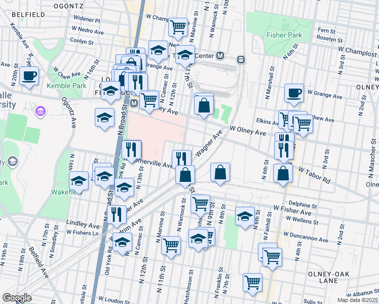 map of restaurants, bars, coffee shops, grocery stores, and more near 5446 North Warnock Street in Philadelphia