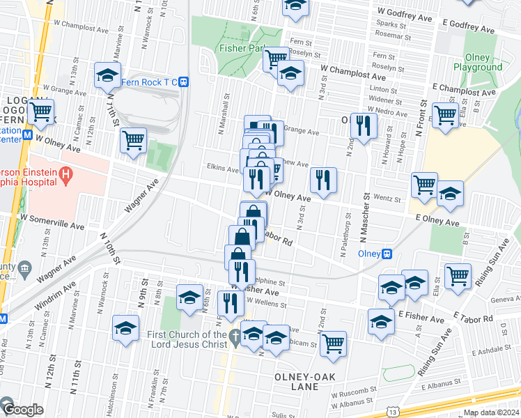map of restaurants, bars, coffee shops, grocery stores, and more near 5525 North 5th Street in Philadelphia
