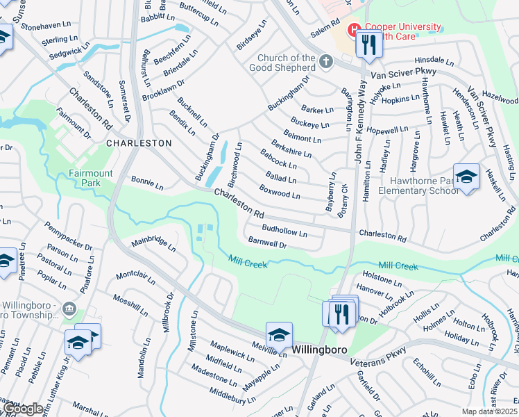 map of restaurants, bars, coffee shops, grocery stores, and more near 28 Bayberry Lane in Willingboro