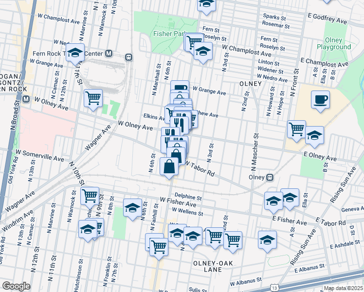 map of restaurants, bars, coffee shops, grocery stores, and more near 5525 North 5th Street in Philadelphia