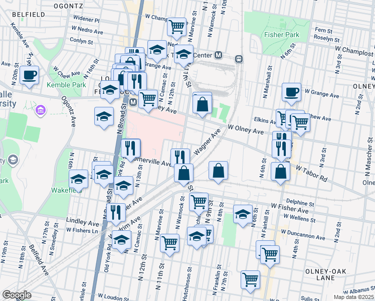 map of restaurants, bars, coffee shops, grocery stores, and more near 5446 North Warnock Street in Philadelphia