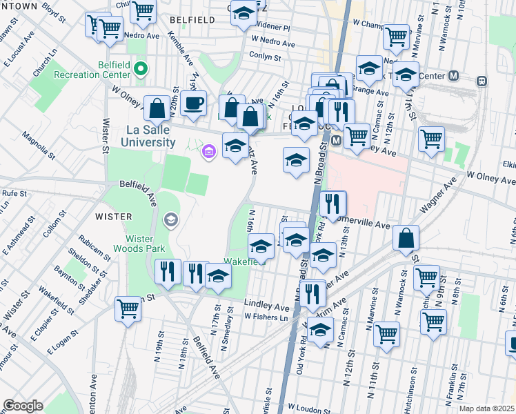 map of restaurants, bars, coffee shops, grocery stores, and more near 5355 North 16th Street in Philadelphia