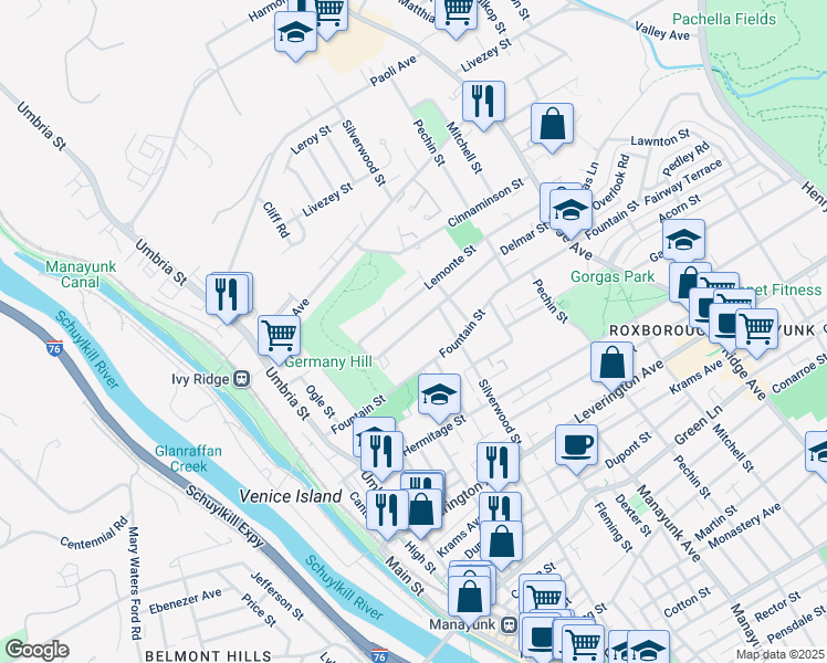 map of restaurants, bars, coffee shops, grocery stores, and more near 261 Delmar Street in Philadelphia
