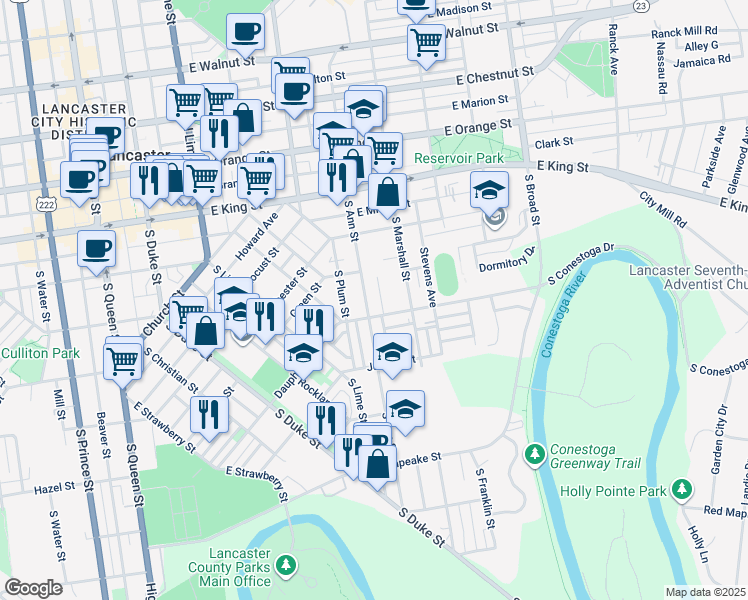 map of restaurants, bars, coffee shops, grocery stores, and more near 239 South Ann Street in Lancaster