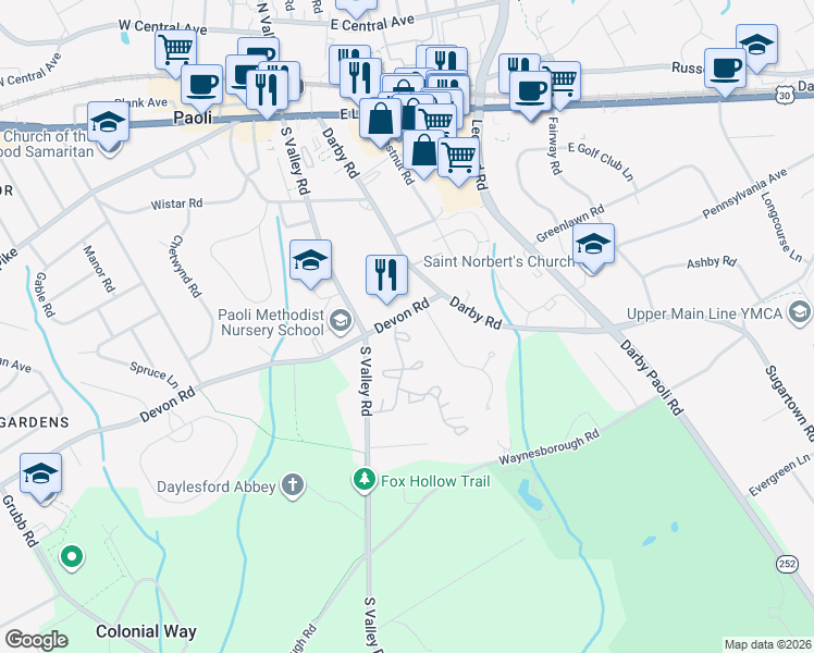 map of restaurants, bars, coffee shops, grocery stores, and more near 706 Weatherstone Drive in Paoli