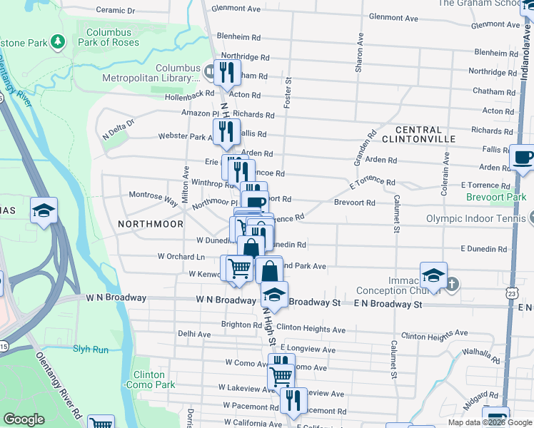 map of restaurants, bars, coffee shops, grocery stores, and more near 21 East Torrence Road in Columbus