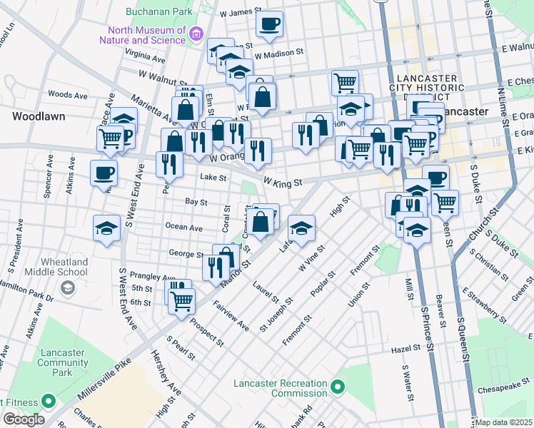 map of restaurants, bars, coffee shops, grocery stores, and more near 118 Old Dorwart Street in Lancaster