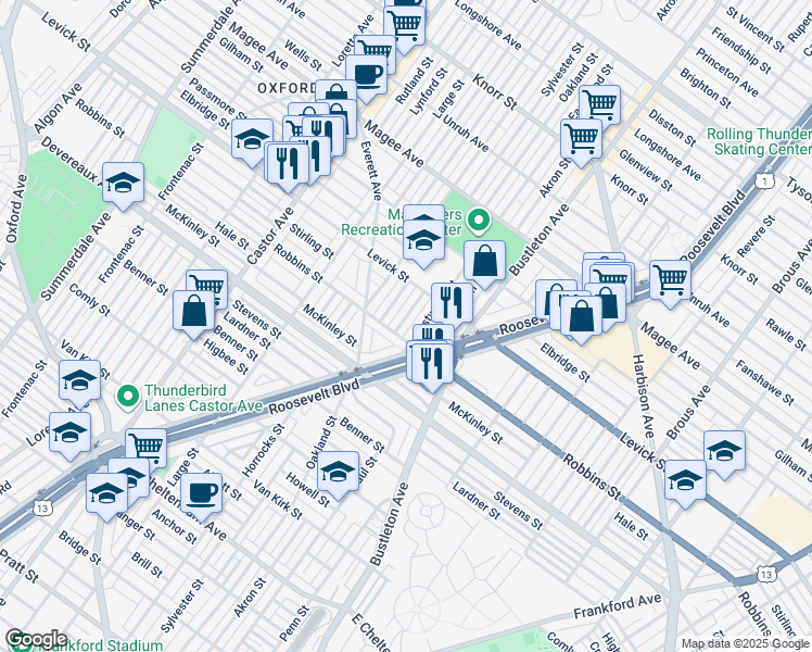 map of restaurants, bars, coffee shops, grocery stores, and more near 6311 Oakland Street in Philadelphia