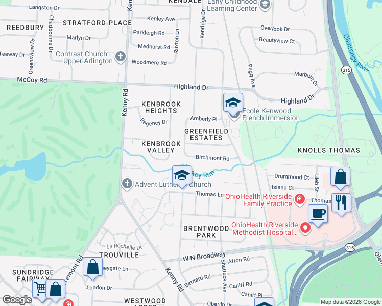 map of restaurants, bars, coffee shops, grocery stores, and more near 1007 Birchmont Road in Columbus