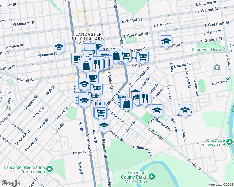 map of restaurants, bars, coffee shops, grocery stores, and more near Church Street in Lancaster