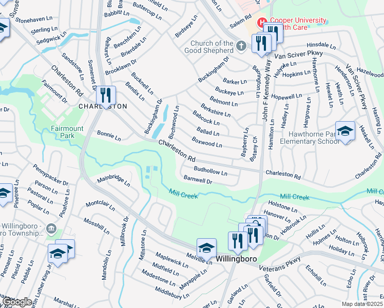 map of restaurants, bars, coffee shops, grocery stores, and more near 28 Bayberry Lane in Willingboro