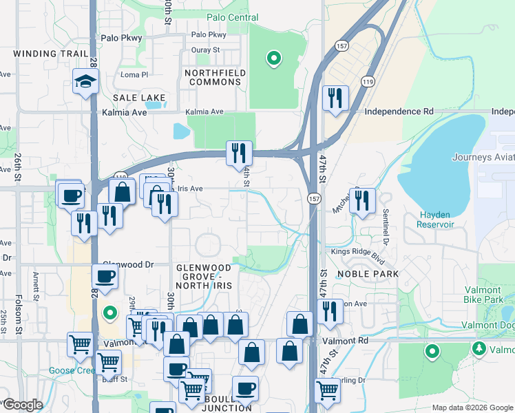 map of restaurants, bars, coffee shops, grocery stores, and more near 3360 34th Street in Boulder