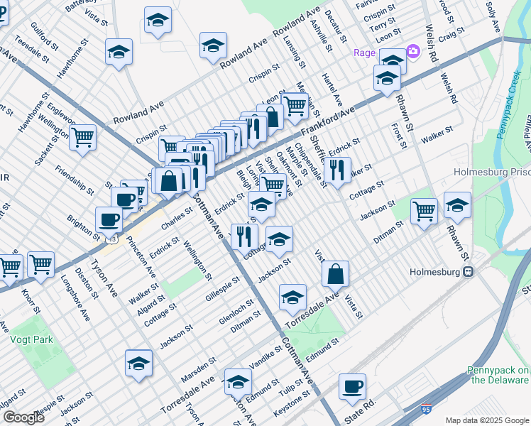 map of restaurants, bars, coffee shops, grocery stores, and more near 7300 Cottage Street in Philadelphia