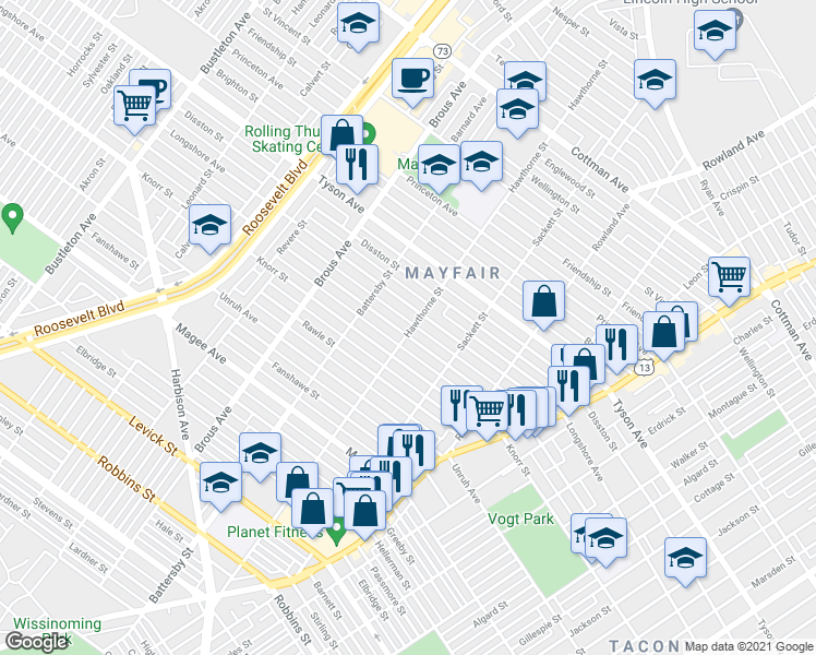 map of restaurants, bars, coffee shops, grocery stores, and more near 3123 Glenview Street in Philadelphia