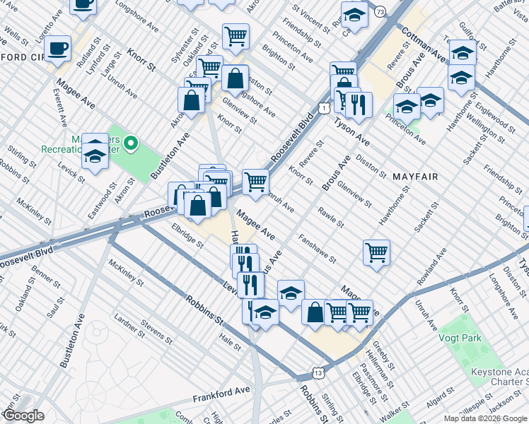 map of restaurants, bars, coffee shops, grocery stores, and more near 2814 Fanshawe Street in Philadelphia