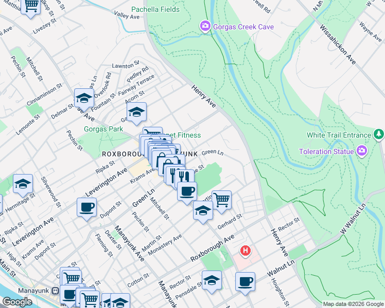 map of restaurants, bars, coffee shops, grocery stores, and more near 540 Green Lane in Philadelphia