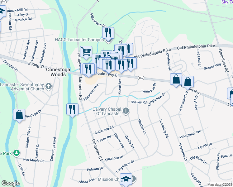 map of restaurants, bars, coffee shops, grocery stores, and more near 123 Frances Avenue in Lancaster