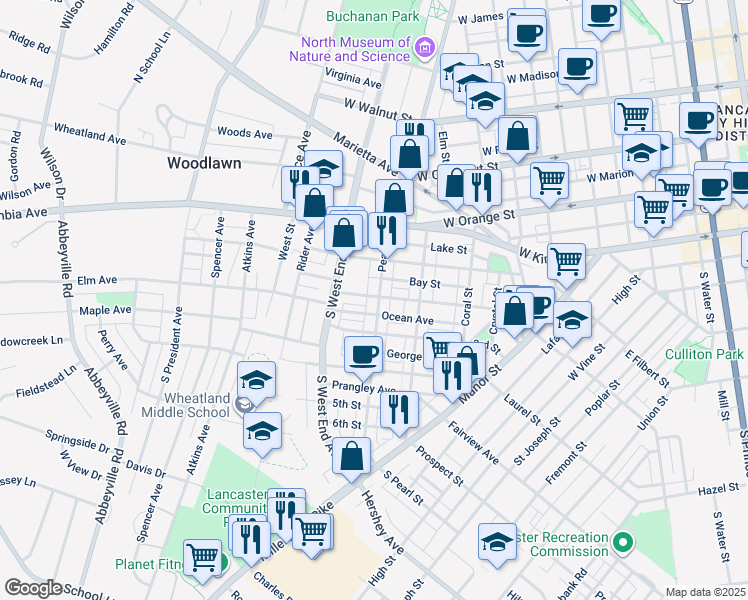 map of restaurants, bars, coffee shops, grocery stores, and more near 822 Ocean Avenue in Lancaster