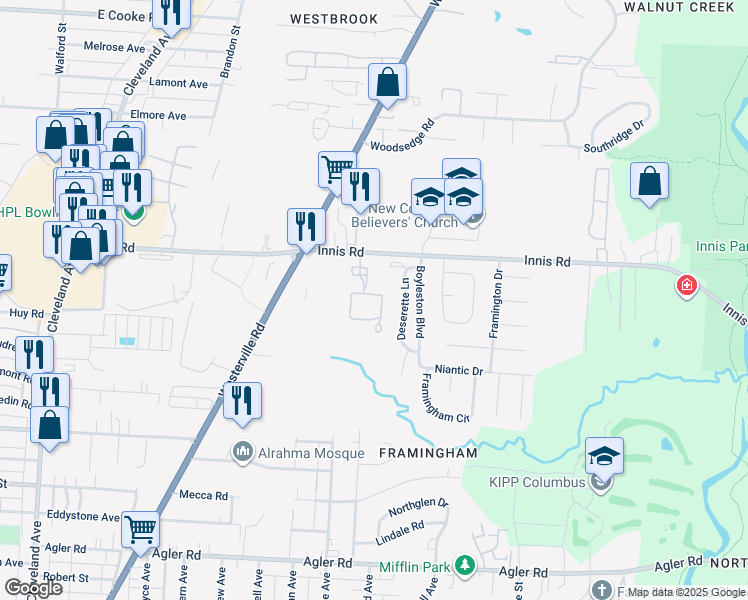 map of restaurants, bars, coffee shops, grocery stores, and more near 3188 Agape Drive in Columbus