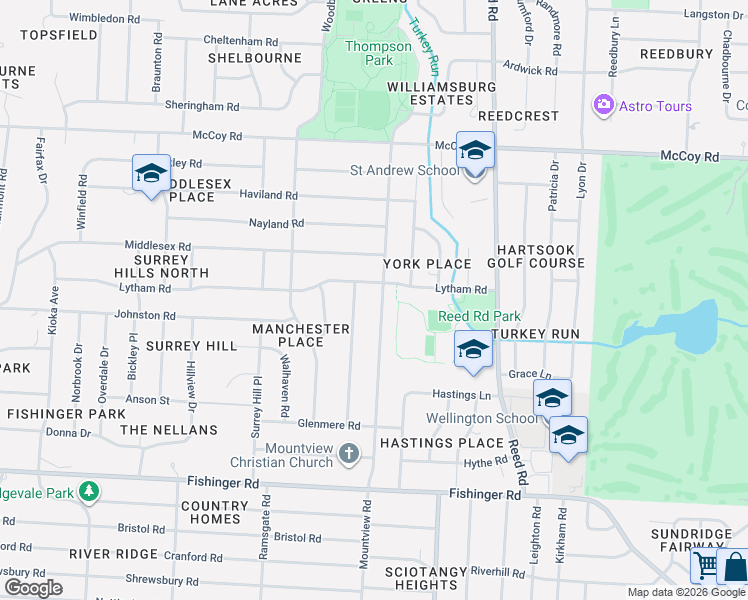 map of restaurants, bars, coffee shops, grocery stores, and more near 3884 Mountview Road in Columbus