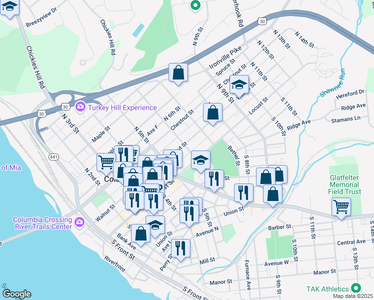 map of restaurants, bars, coffee shops, grocery stores, and more near 36 North 6th Street in Columbia