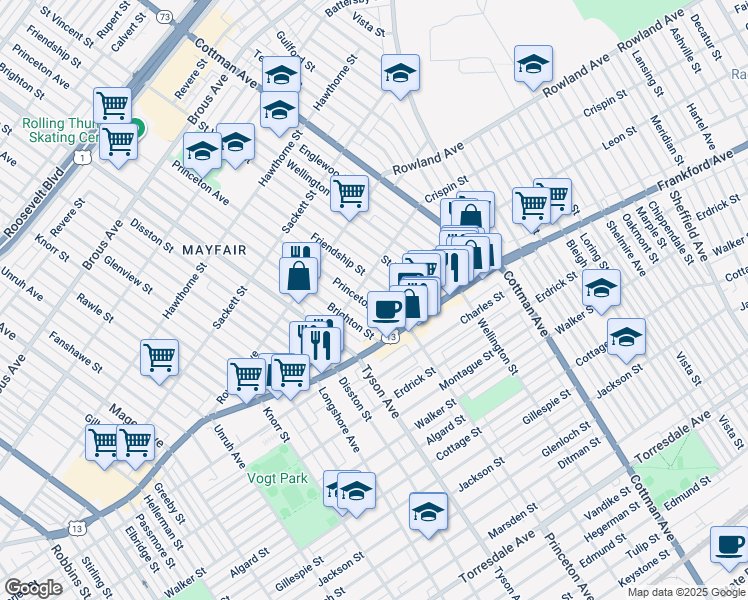 map of restaurants, bars, coffee shops, grocery stores, and more near 3425 Princeton Avenue in Philadelphia