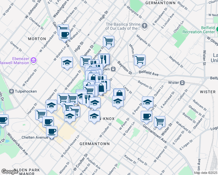 map of restaurants, bars, coffee shops, grocery stores, and more near 40 East Armat Street in Philadelphia