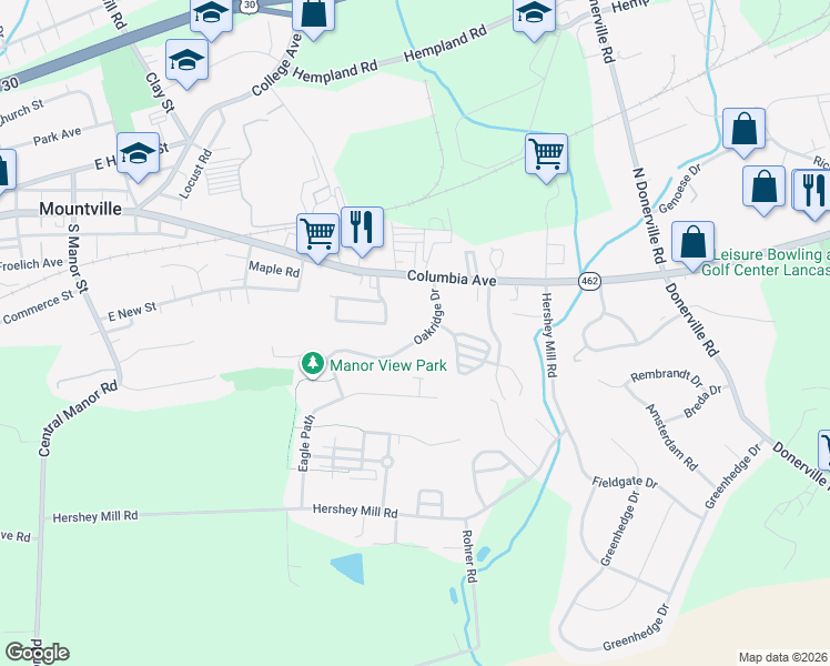 map of restaurants, bars, coffee shops, grocery stores, and more near 218 Oakridge Drive in Mountville