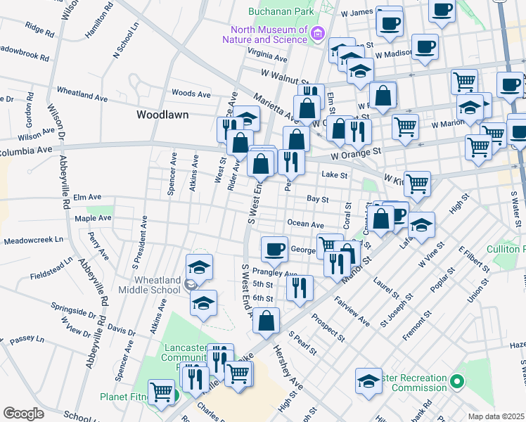 map of restaurants, bars, coffee shops, grocery stores, and more near 834 2nd Street in Lancaster