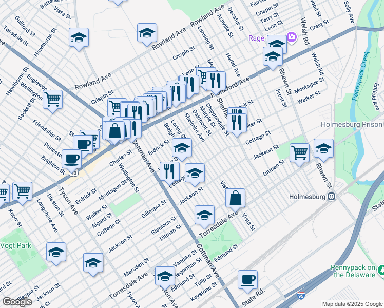 map of restaurants, bars, coffee shops, grocery stores, and more near 4308 Loring Street in Philadelphia