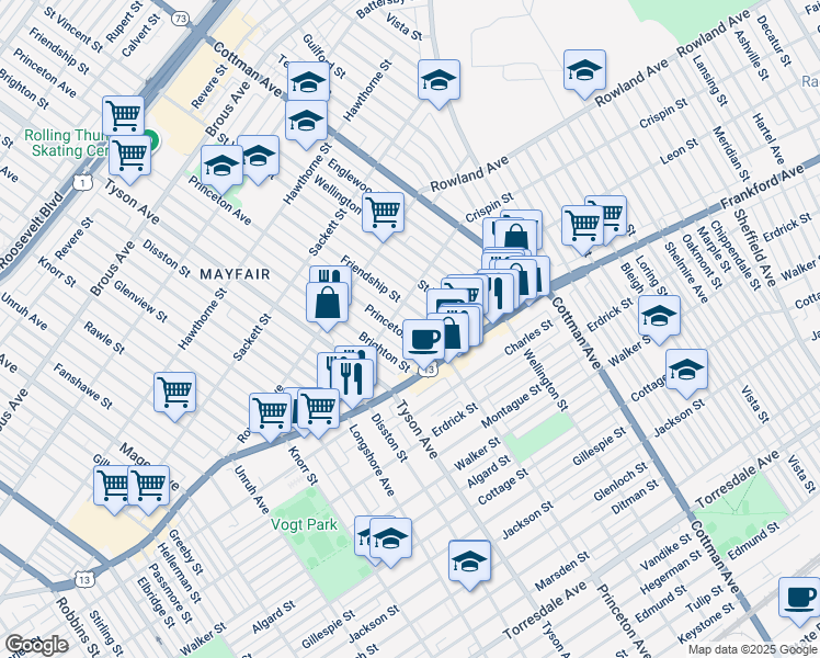 map of restaurants, bars, coffee shops, grocery stores, and more near 3425 Princeton Avenue in Philadelphia