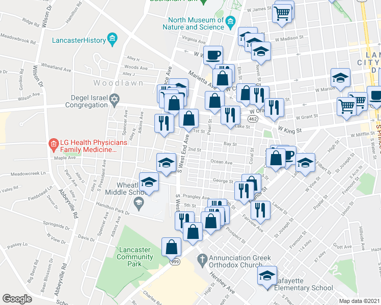map of restaurants, bars, coffee shops, grocery stores, and more near 834 2nd Street in Lancaster
