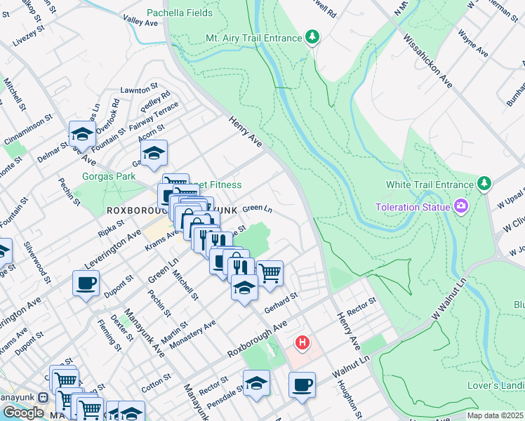 map of restaurants, bars, coffee shops, grocery stores, and more near 614 Green Lane in Philadelphia