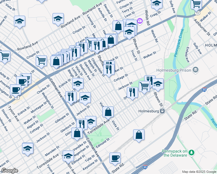 map of restaurants, bars, coffee shops, grocery stores, and more near 4417 Marple Street in Philadelphia