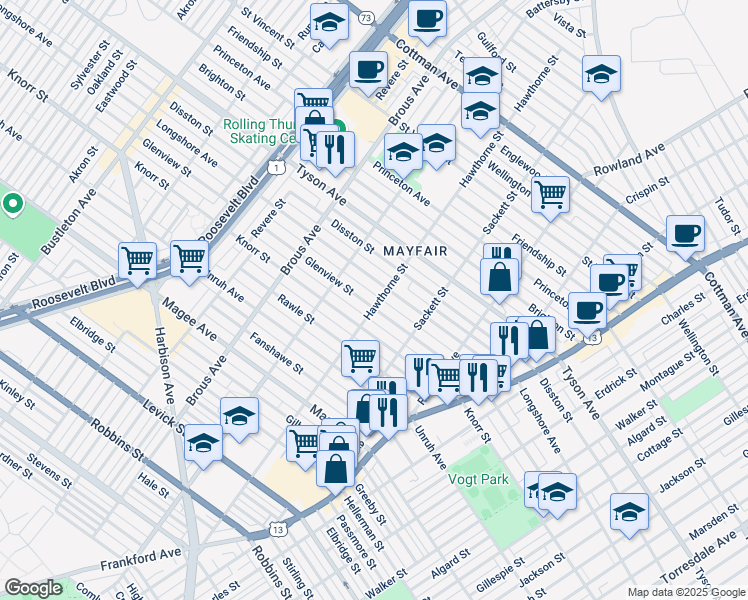 map of restaurants, bars, coffee shops, grocery stores, and more near 3051 Glenview Street in Philadelphia