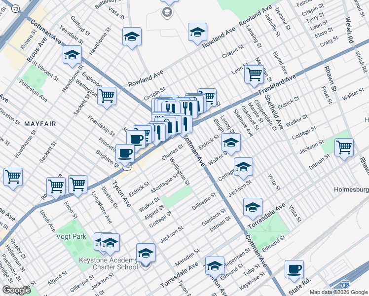 map of restaurants, bars, coffee shops, grocery stores, and more near 7226 Erdrick Street in Philadelphia