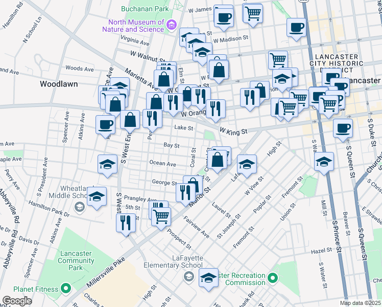 map of restaurants, bars, coffee shops, grocery stores, and more near 138 Coral Street in Lancaster
