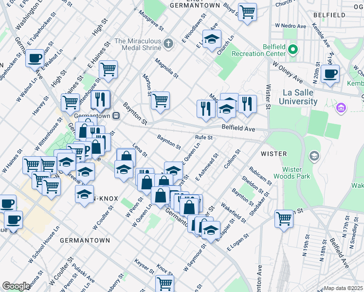 map of restaurants, bars, coffee shops, grocery stores, and more near 5301 Baynton Street in Philadelphia
