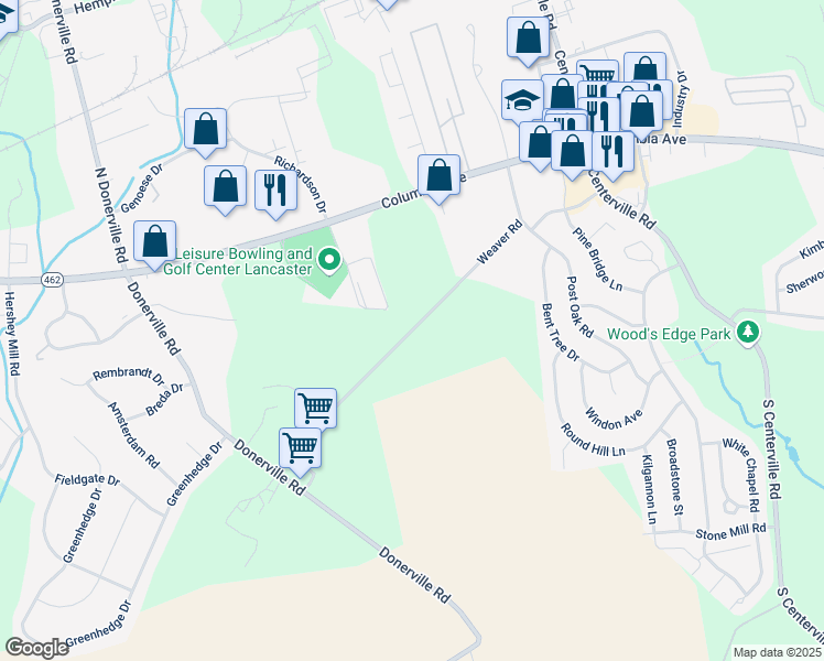 map of restaurants, bars, coffee shops, grocery stores, and more near 145 Weaver Road in Lancaster