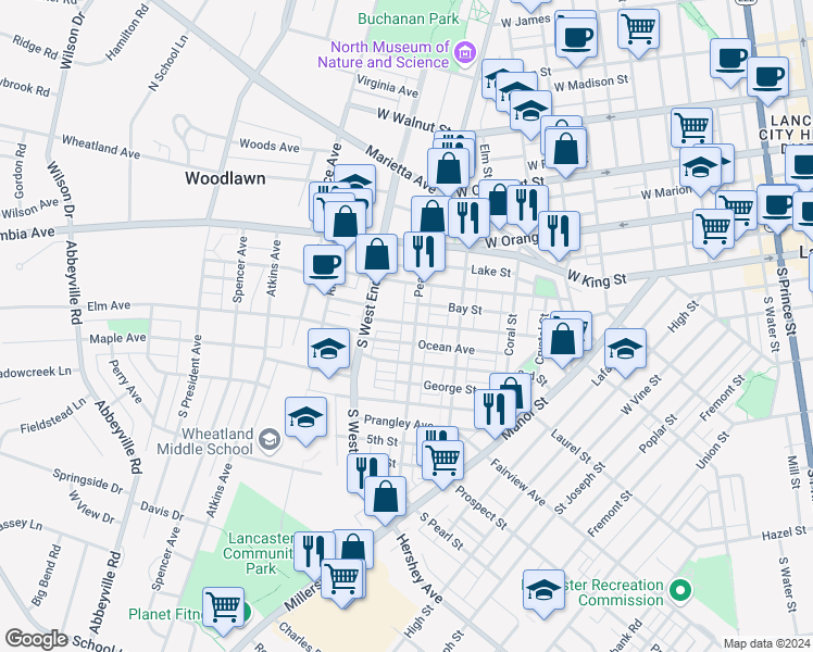 map of restaurants, bars, coffee shops, grocery stores, and more near 806 2nd Street in Lancaster