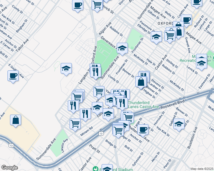 map of restaurants, bars, coffee shops, grocery stores, and more near 5914 Frontenac Street in Philadelphia